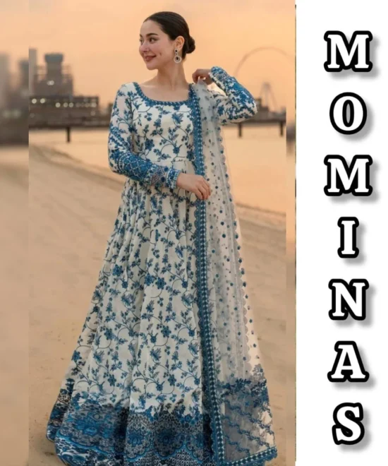 Faiza Saqlain Jehona Kalidar Blue and White Heavy Embroidered Suit MC-017
